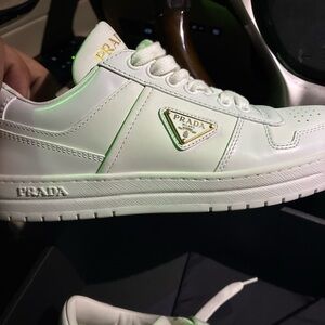Prada White Leather Sneakers with Gold Accents